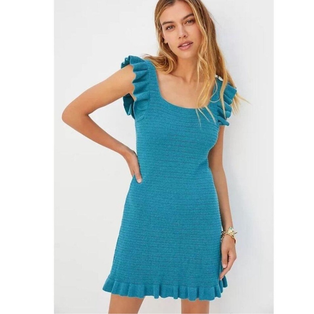 By Anthropologie Blue Knit Crochet Ruffle Mini Dress Fully Lined